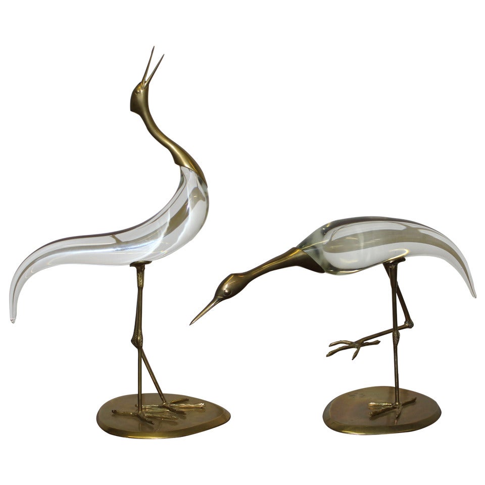 Pair of Chapman Crystal and Brass Egret Sculptures