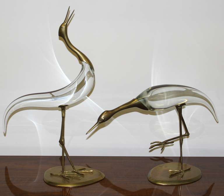 Pair of exquisite crystal and brass egret sculptures by Chapman.