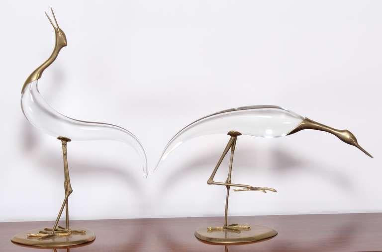 Modern Pair of Chapman Crystal and Brass Egret Sculptures