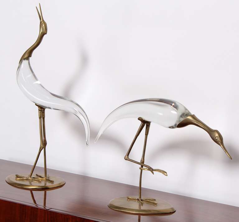 American Pair of Chapman Crystal and Brass Egret Sculptures