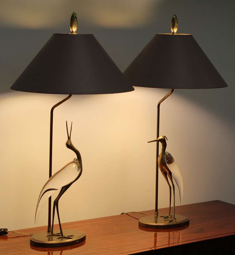 Modern Chapman Crystal and Brass Egret Lamps