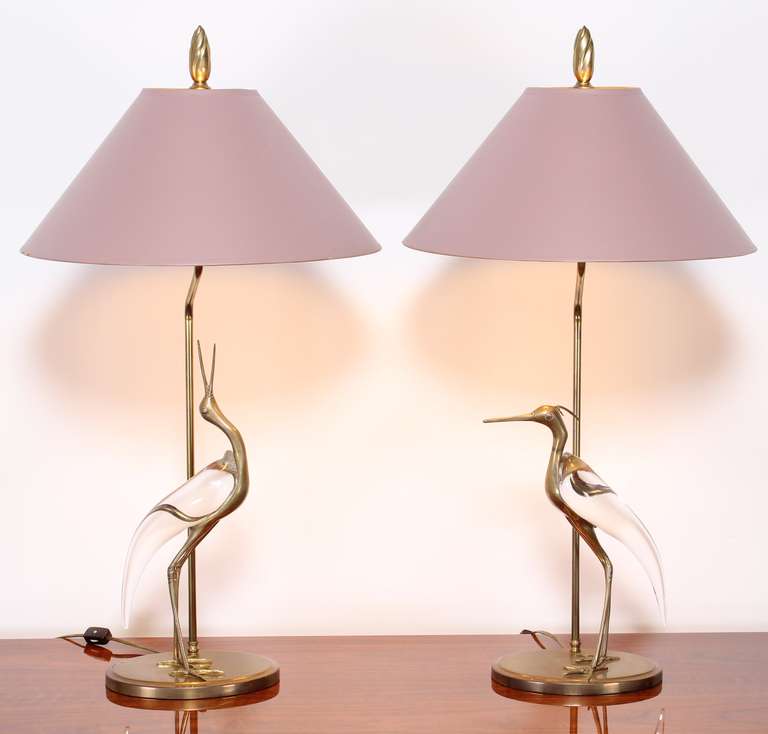 American Chapman Crystal and Brass Egret Lamps