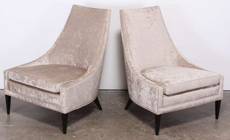 Velvet Pair of T.H. Robsjohn-Gibbings Style Slipper Chairs