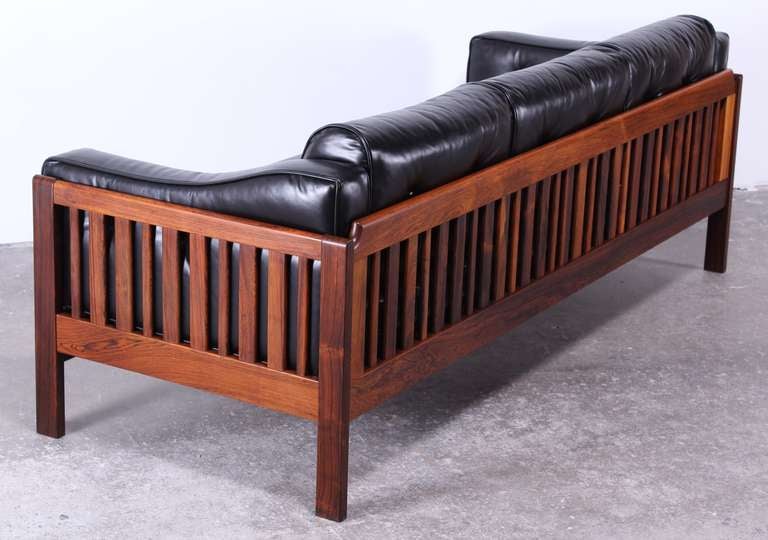 Danish Mid Century Modern Rosewood and Black Leather Sofa  3
