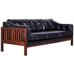 Danish Mid Century Modern Rosewood and Black Leather Sofa 