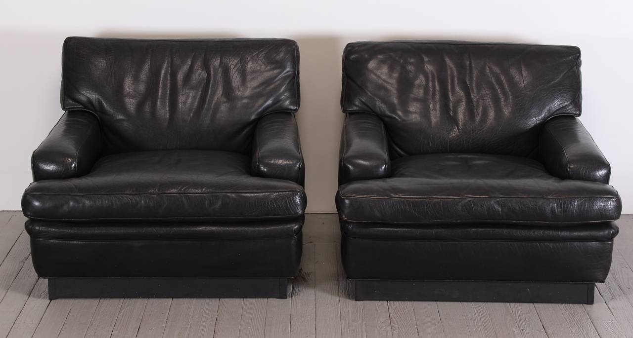 Pair of Black Leather Chairs and Ottoman by Arne Norell "Mexico" Model, 1970