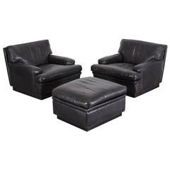 Pair of Black Leather Chairs and Ottoman by Arne Norell "Mexico" Model, 1970