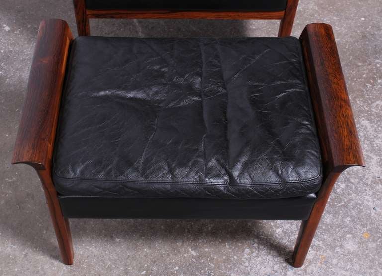 Hans Olsen Rosewood and Leather Danish Armchair and Ottoman 2