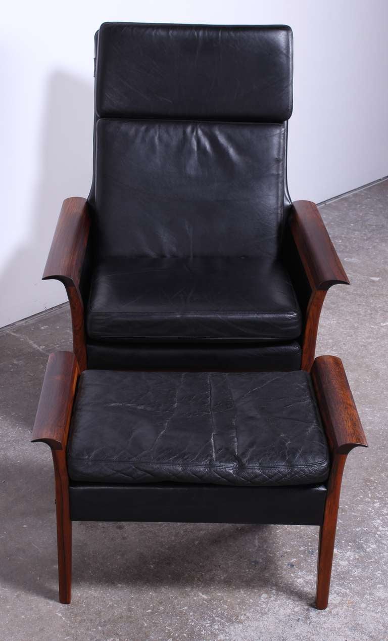 Mid-Century Modern Hans Olsen Rosewood and Leather Danish Armchair and Ottoman