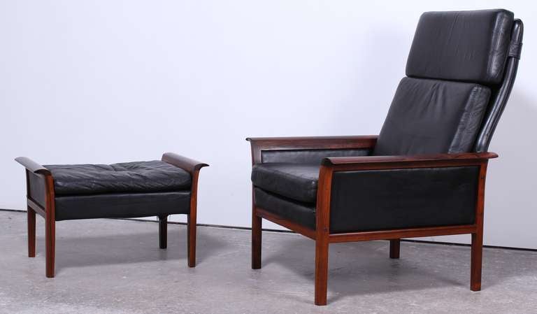 Norwegian Hans Olsen Rosewood and Leather Danish Armchair and Ottoman