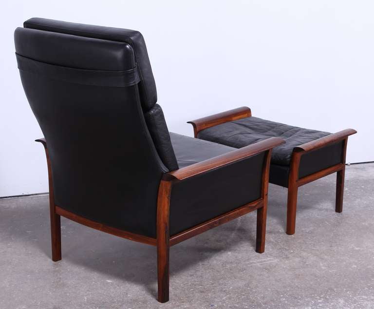 Mid-20th Century Hans Olsen Rosewood and Leather Danish Armchair and Ottoman