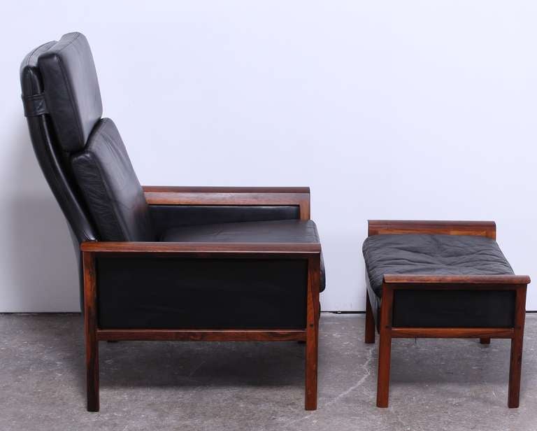 Hans Olsen Rosewood and Leather Danish Armchair and Ottoman 1