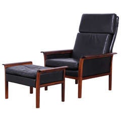 Hans Olsen Rosewood and Leather Danish Armchair and Ottoman