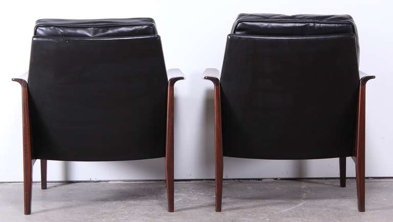 Pair of Danish Mid Century Modern Rosewood and Black Leather Armchairs 2