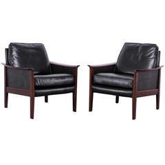 Pair of Danish Mid Century Modern Rosewood and Black Leather Armchairs