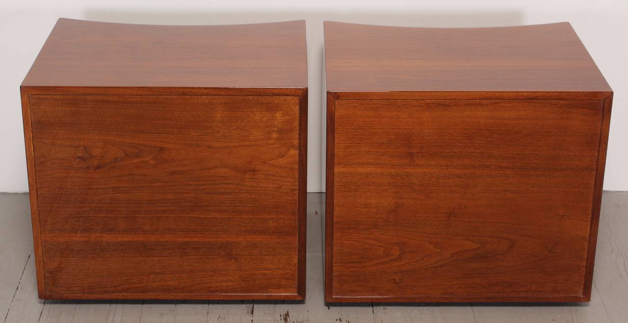 Walnut Paul Frankl Side Tables with Brass Buckle Pulls