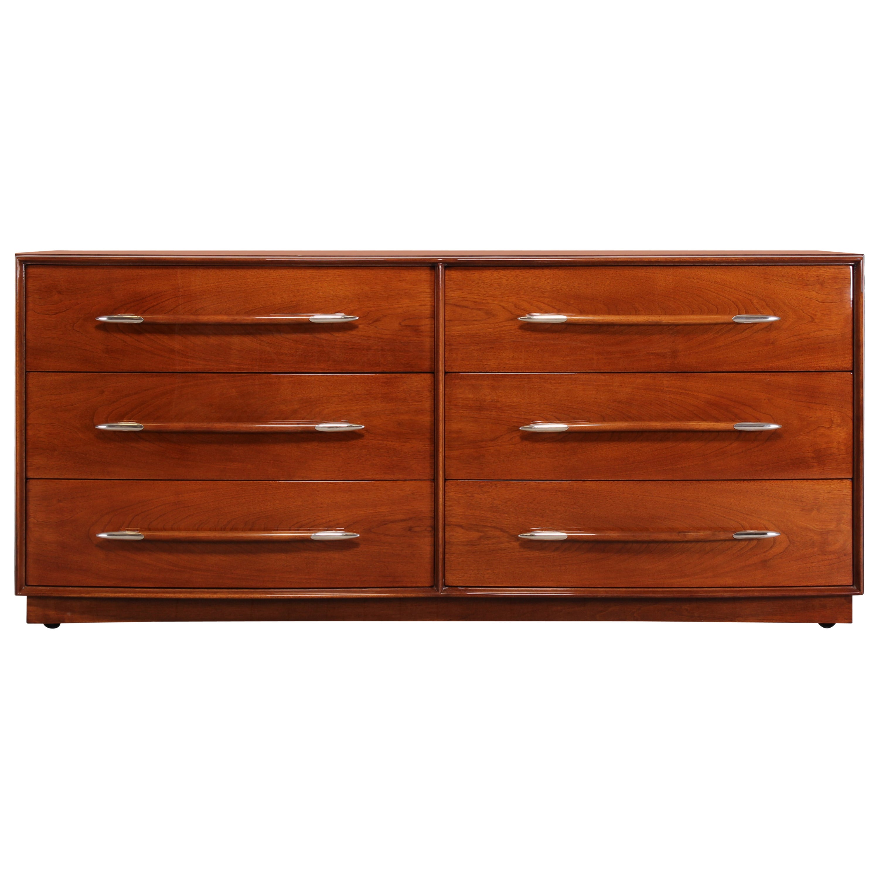 T. H. Robsjohn-Gibbings Walnut Dresser or Chest with Silver Plate Pulls, 1940