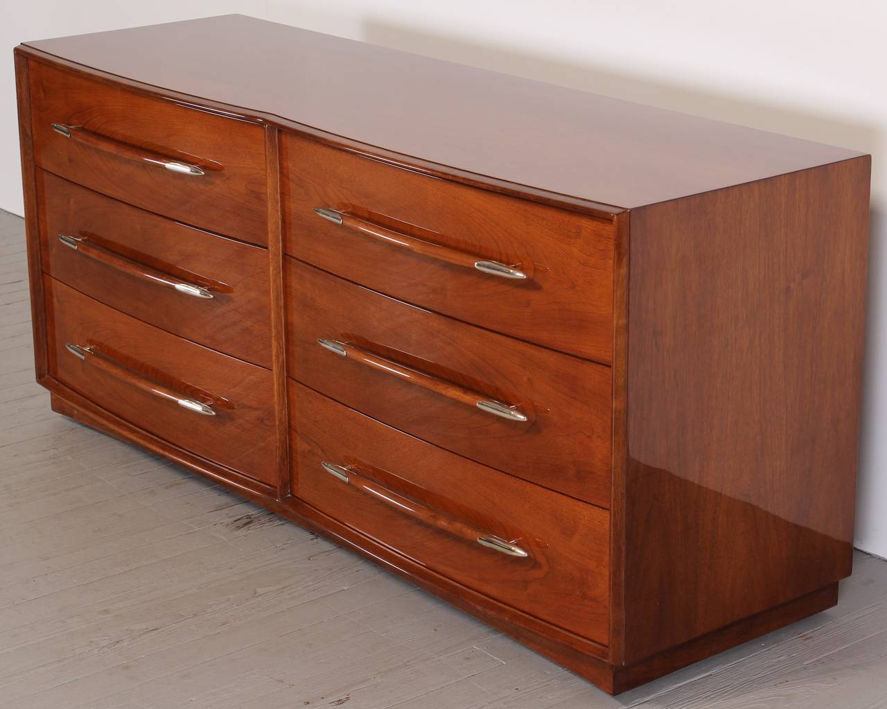 Mid-Century Modern T. H. Robsjohn-Gibbings Walnut Dresser or Chest with Silver Plate Pulls, 1940