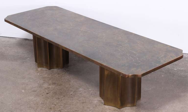 Designed by Philip & Kelvin Laverne. A large incised and acid etched patinated Michelangelo bronze coffee table depicting the creation of Adam. Supported by two fluted column bases. Signed Philip and Kelvin Laverne. New York City Delivery available