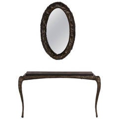 Used Paul Evans Mirror and Console in Sculpted Bronze, Models PE129, PE130