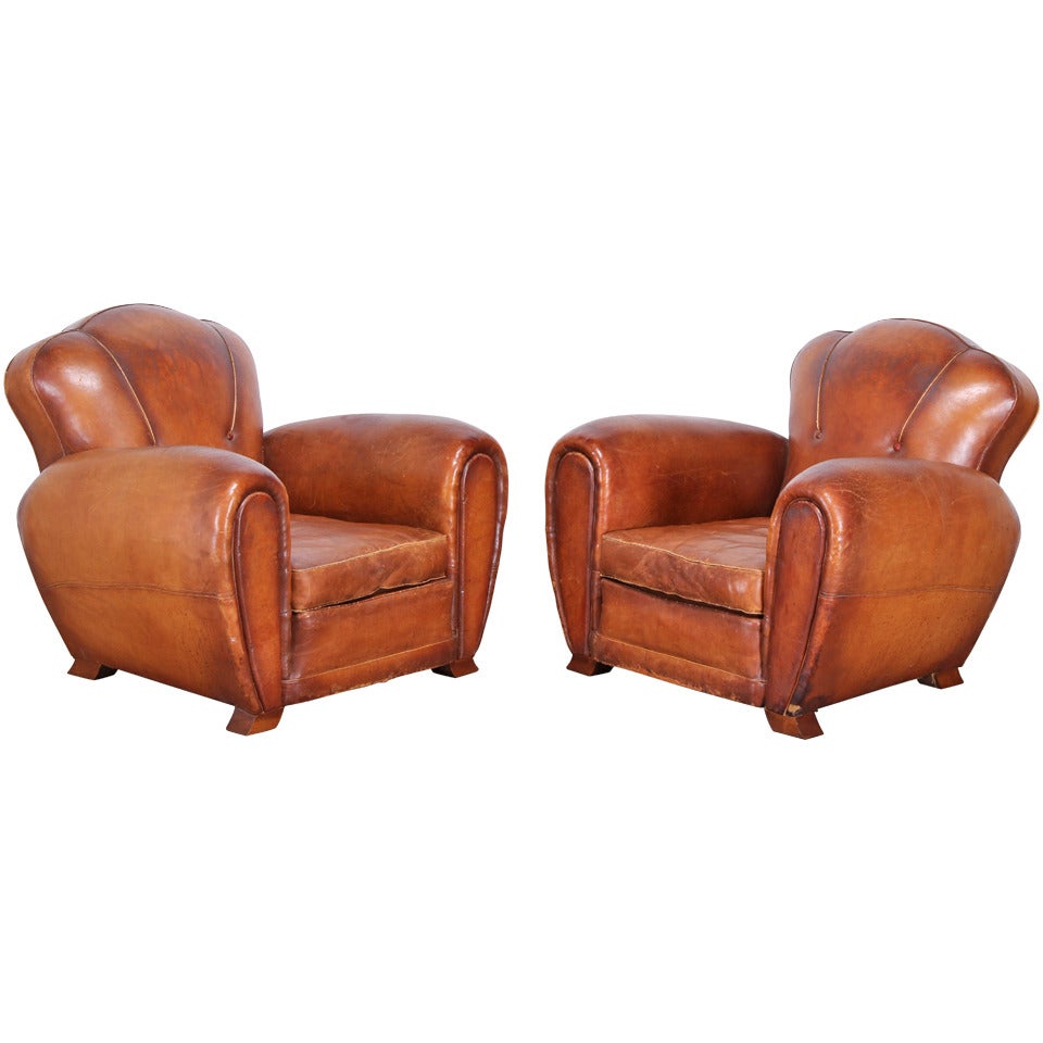 Exceptional Pair of 1930's French Leather Club Chairs