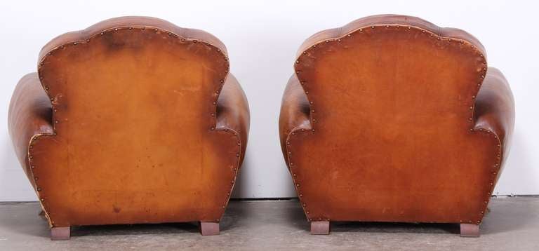 Mid-20th Century Exceptional Pair of 1930's French Leather Club Chairs