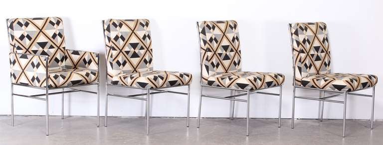 A set of eight chrome and upholstered dining chairs by Milo Baughman for Thayer Coggin with great scale and comfort. 