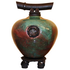 20th Century Matthew Lovein Raku Pottery Wish Keeper Vessel