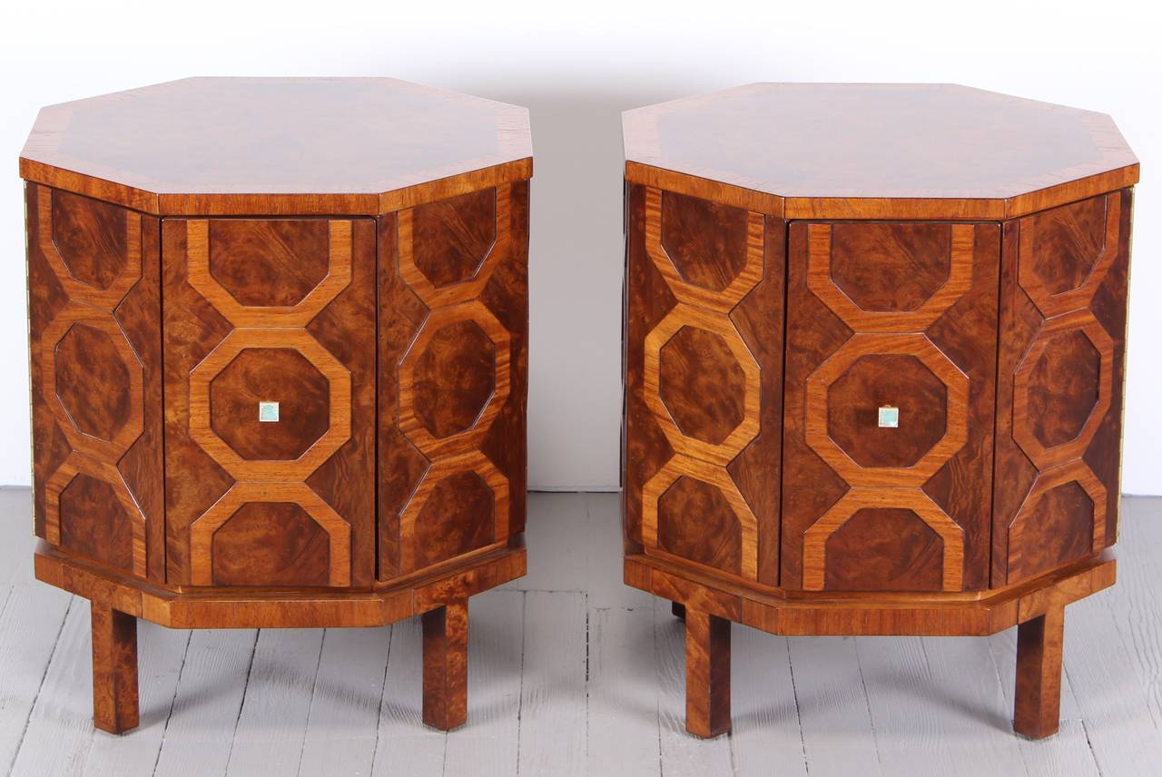 A fabulous pair of Romweber side tables or end tables in hardwood burl with beautiful turquoise ceramic handles. Professionally restored finish by Alternative Furnishings Inc. Delivery to New York City would be $249.