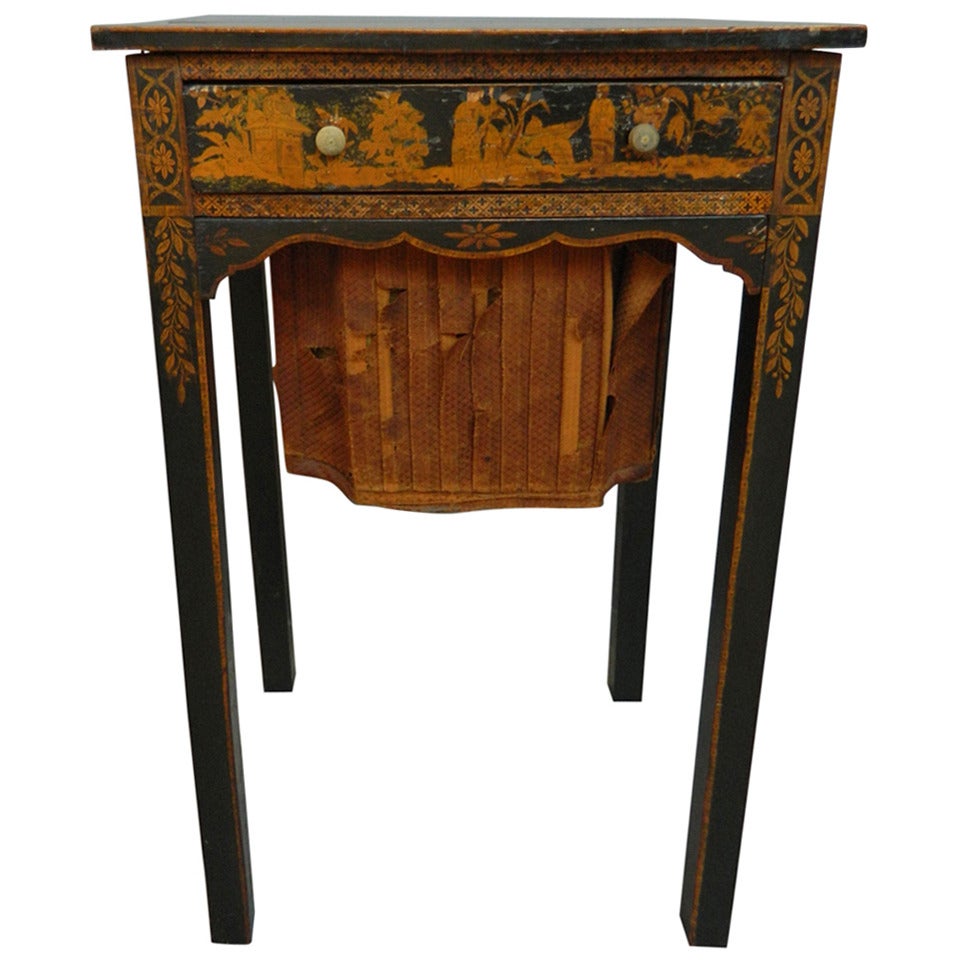 Antique English Penwork Figural Table with Chinoiserie Figures