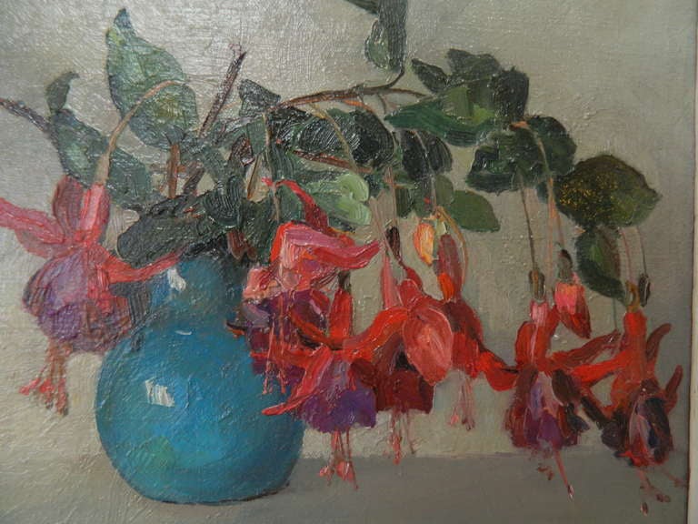 French Fuchisia  Oil on Canvas by Artist Louise D' Aussy -  Pintaud For Sale