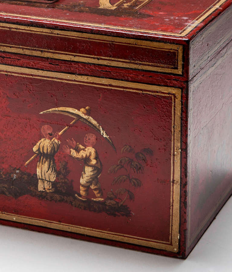 British Red Japanned Metal Tea Chest Mid 19thc For Sale