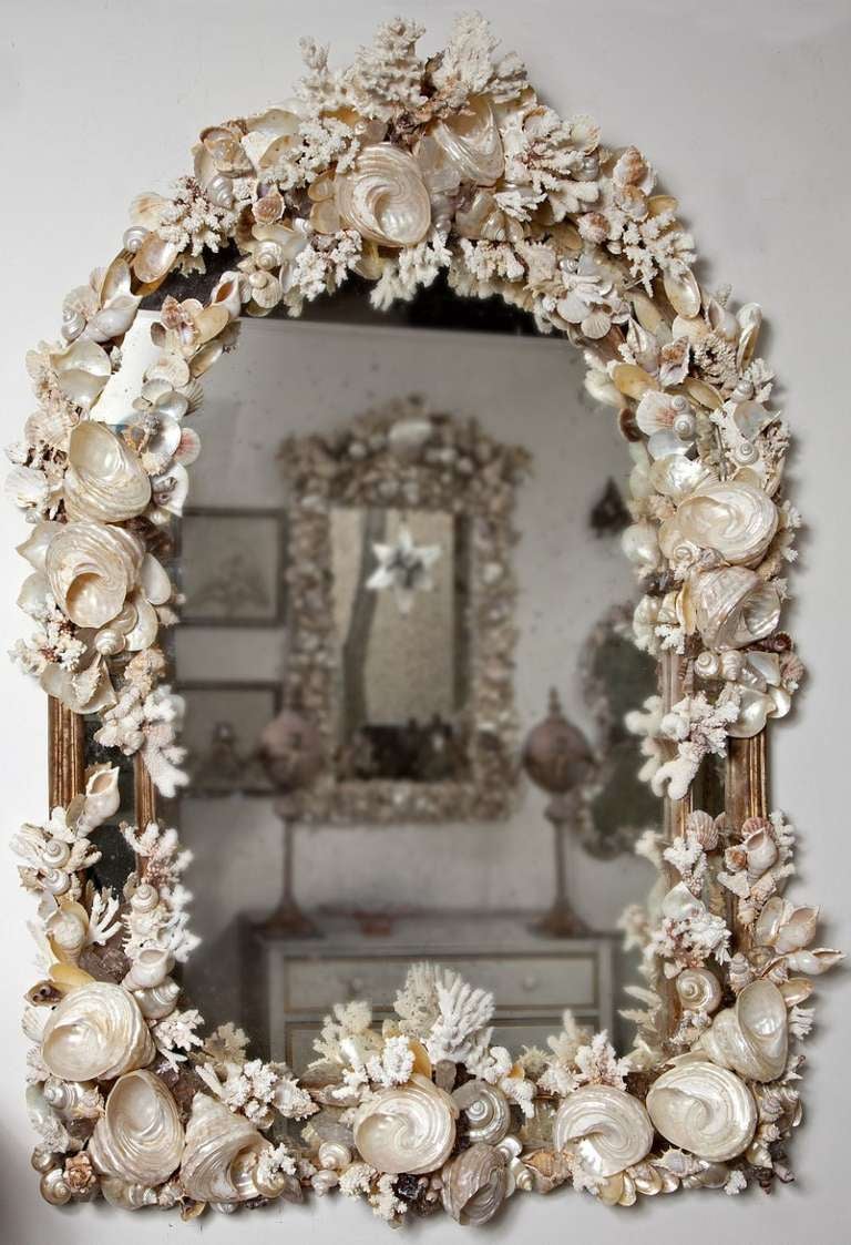 Mid Century Mirror Shell Encrusted With Shell And Coral At