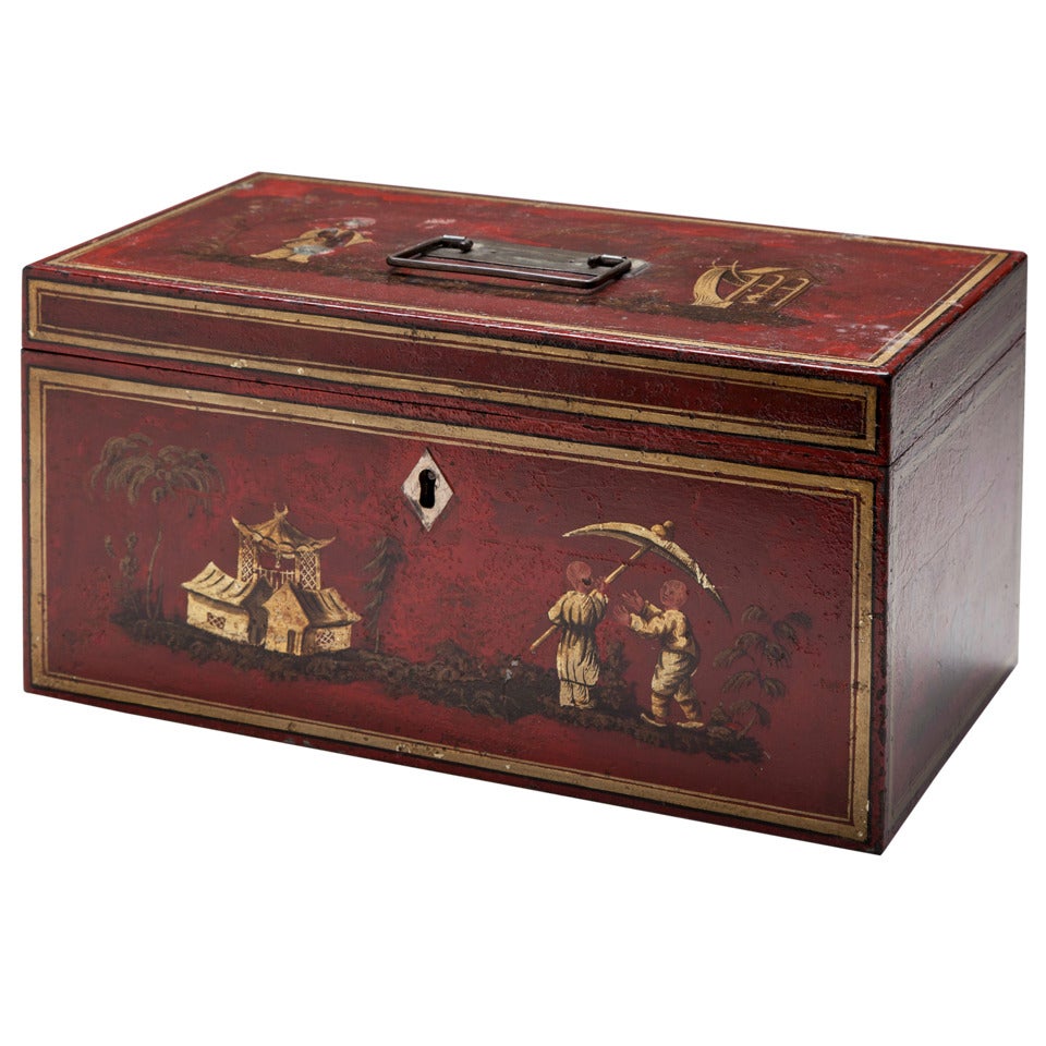 Red Japanned Metal Tea Chest Mid 19thc For Sale