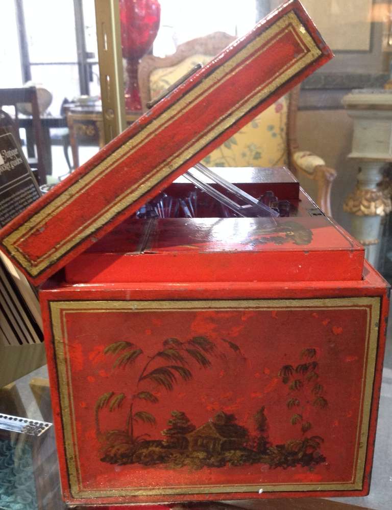 Red Japanned Metal Tea Chest Mid 19thc For Sale 1