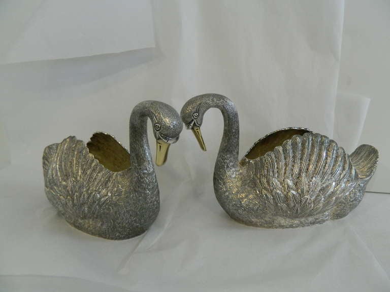 C J. Vander Pair of Sterling Gilt Swans In Excellent Condition In Houston, TX