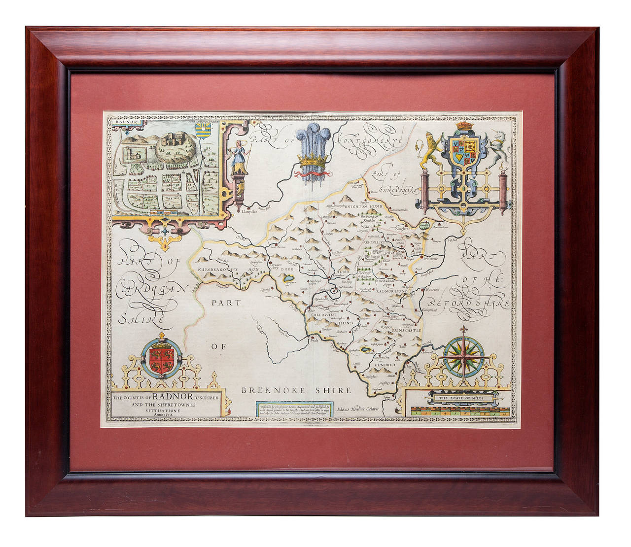 Antique hand-colored engraving of a map of Radnor, Wales from the early 17th century by Christopher Saxton (1543-1610) with an inset plan of Radner. It has a recent mat and frame. Framed the map is 28