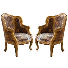 Pair Louis XIV Style French Antique Bergere Arm Chairs