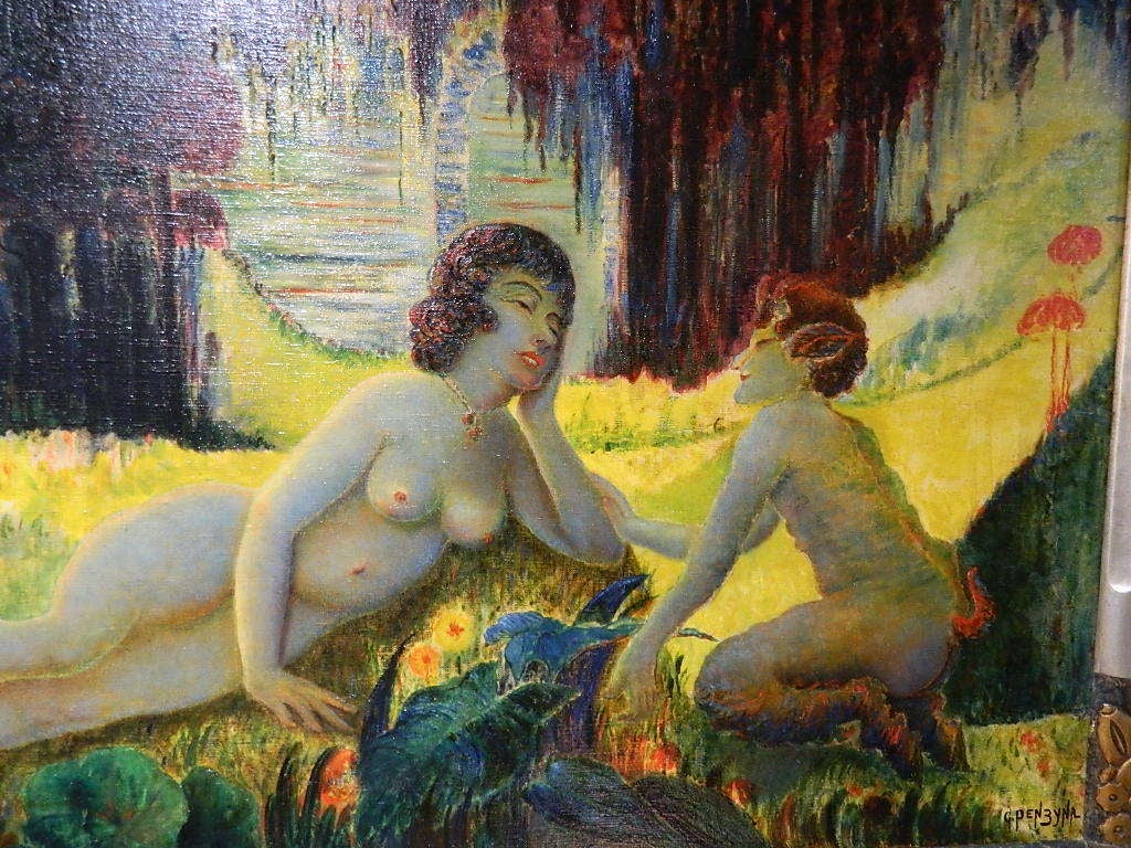Fantasy oil on canvas of a Nymph and Satyr signed lower right G.(ustav) Penzyna. Penzyna handcrafted the Art Deco frames to surround his art. The reclining nude and satyr are in a dreamy woodland with two peacocks. He exhibited in the Salon des