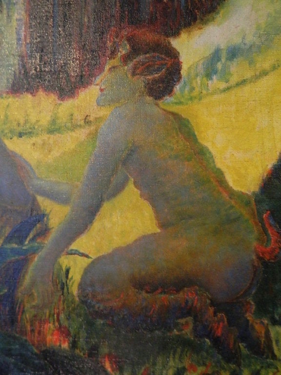 French Art Deco Nymph and Satyr Oil on Canvas by Gustav Penzyna For Sale