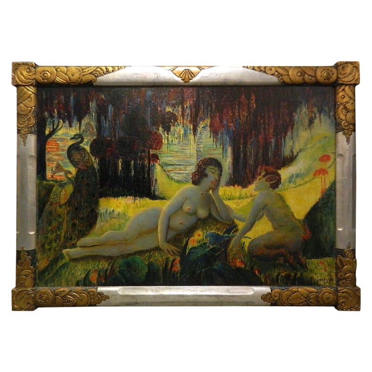 Art Deco Nymph and Satyr Oil on Canvas by Gustav Penzyna For Sale