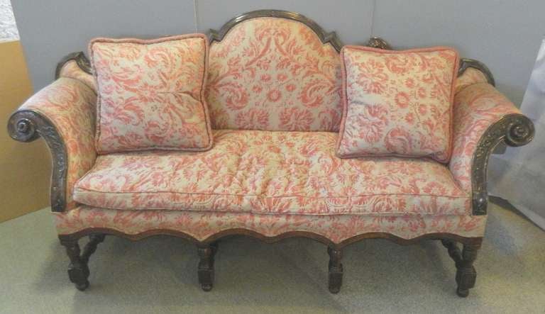 Italian Rococo sofa in Fortuny upholstery with 2 matching fortuny pillows. 