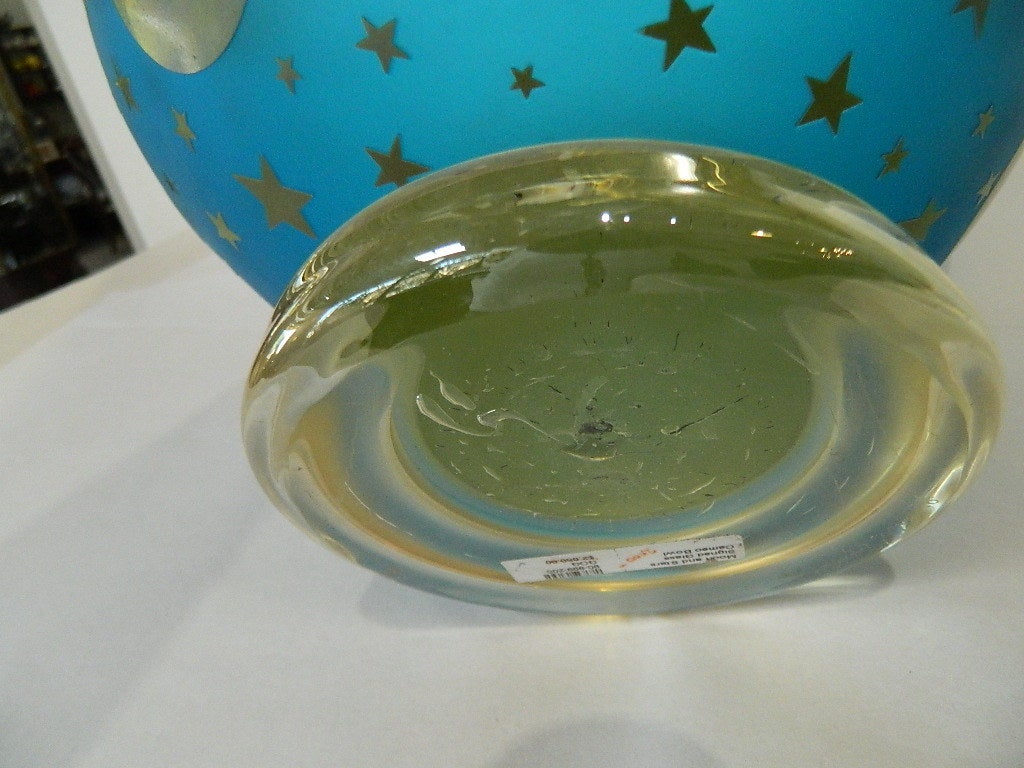 Mid-20th Century Moon and Stars Gilt Decor Glass Bowl Murano Signed For Sale