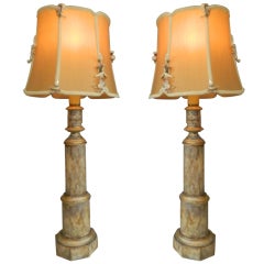 Pair Faux Marbleized Table Lamps- Custom Shell Shades