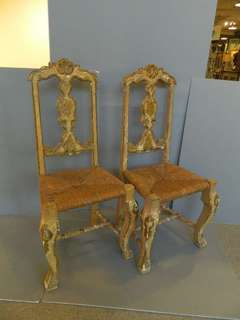 Pair Antique Carved and Painted Side Chairs 19th c
