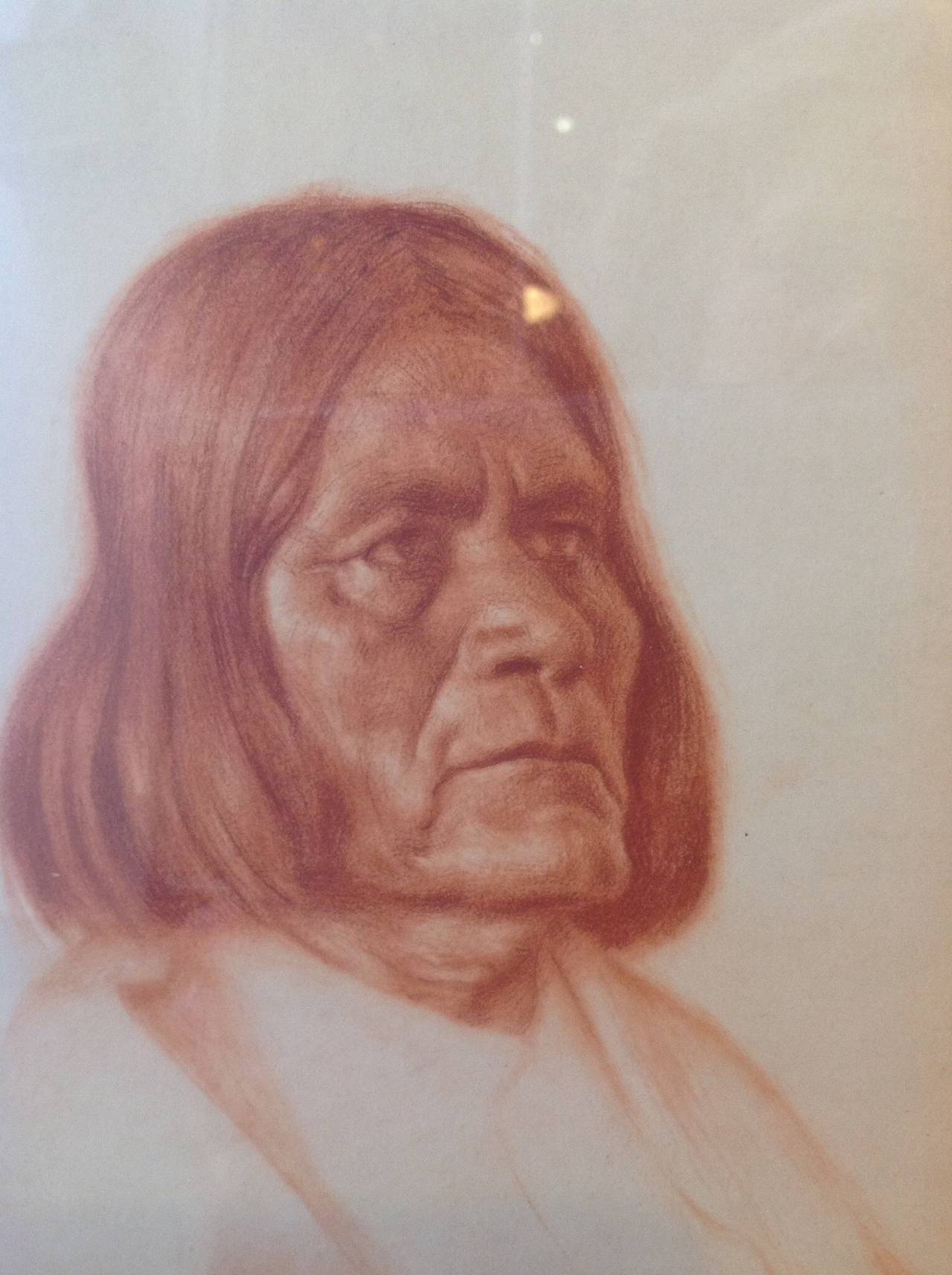 Framed crayon drawing by EA Burbank of a Native American. Written in the background is his name Kah-Lack-Que and date 1902. That tribe was from Pololacca, Arizona. Metal label attached. also signed by the artist EA Burbank.
Tagged on the back by