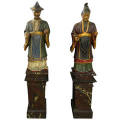 Antique Pair of Chinese Plaster Chinoiserre Figures