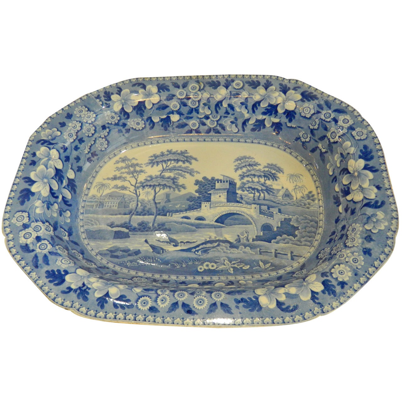Huge Spode Blue Tower Pearlware 21" Hash Dish Early 1800s For Sale