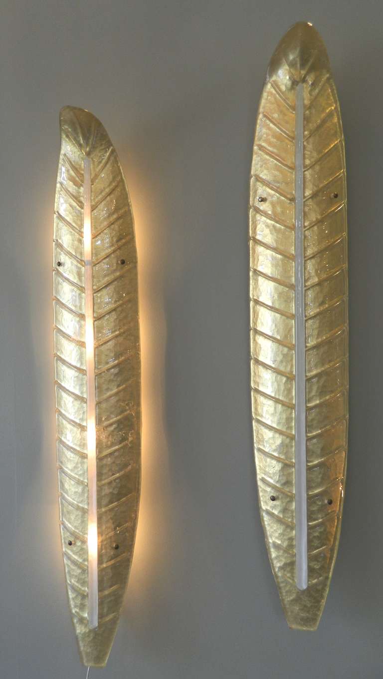 Large pair of Murano glass sconces each one long leaf  made of blown glass  by Barovier and Toso in Italy in the 1960's.  Features a surface with gold and   clear glass backed by white glass. They are close to the wall and flair at the top about 7