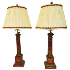 Pair of Red Tole Column Lamps with Gilt Decoration